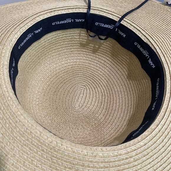 Karl Lagerfeld Large Straw Hat with White/Black Print Scarf/Trim